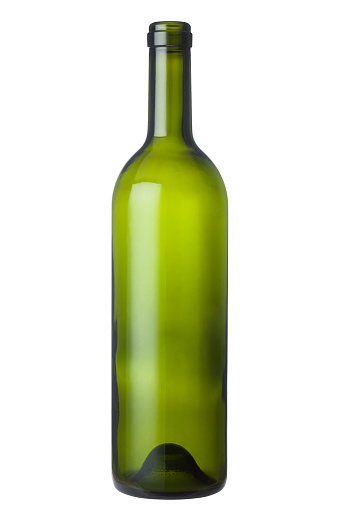 Empty green glass wine bottle isolated on white background.
