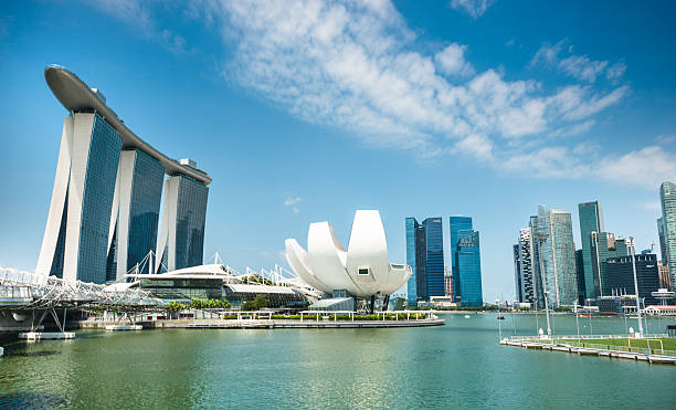 Singapore, Singapore - June 22, 2015: Day view of the Singapore Skyline with the pedestrian Helix Bridge on the left, a structure of glass and stainless steel leading to the Marina Bay Sands Hotel and also the ArtScience Museum in the centre. Sunny summer day.