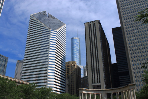Chicago, Illinois, USA - June 18, 2012: Classic skyscrapers as seen from Wrigley Square. The Windy City is the third largest city in the U.S. and is a worldwide center of commerce.