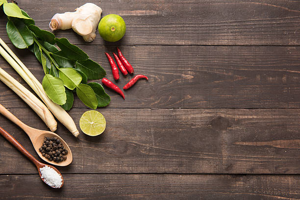 istock Kaffir lime leaves, Ginger, lemon, Pepper, Salt,  Red chilli 481536064