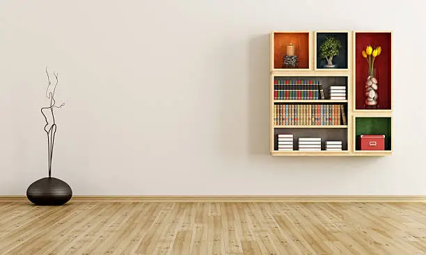 Empty room with bookcase on wall - rendering