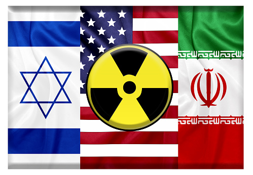 United states Iran and Israel flags with nuclear icon