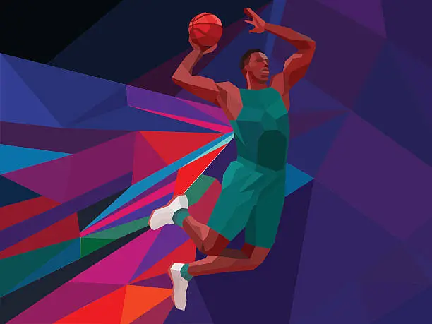 Vector illustration of Polygonal geometric style basketball player on colorful low poly background