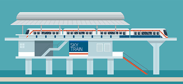 ilustraciones, imágenes clip art, dibujos animados e iconos de stock de sky train station diseño plano ilustración de iconos de objetos - subway train