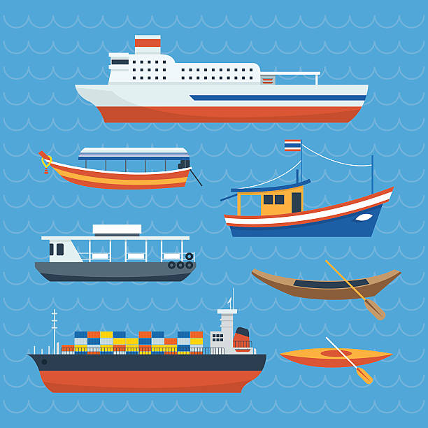 Various kind of Ship, Boat, Ferry Side View, Transportation Concept Set ferry stock illustrations