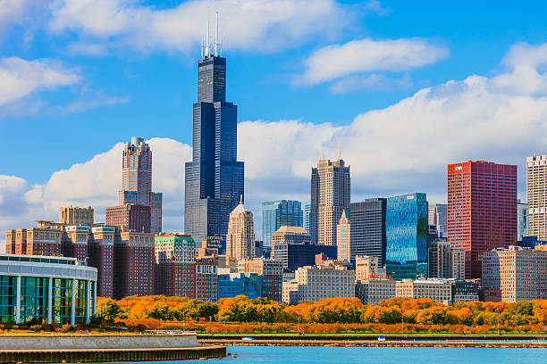 istock Skyscraper of Chicago skyline with autumn foliage, Ill 481541806