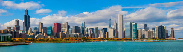 Panorama of Chicago skyscrapers and skyline with Lake Michigan in the foreground, Illinois