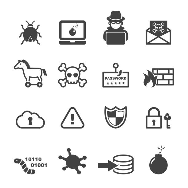 ilustrações, clipart, desenhos animados e ícones de o cibercrime ícones - hacked laptop cracked computer bug