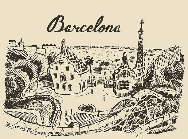 ilustraciones, imágenes clip art, dibujos animados e iconos de stock de paisaje de barcelona españa dibujados a mano dibujo vectorial - barcelona españa