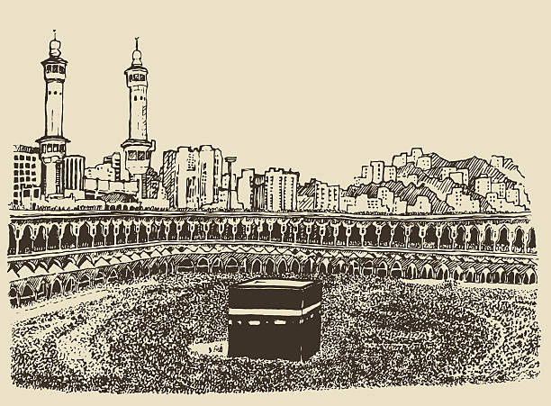 Holy Kaaba Mecca Saudi Arabia muslim people sketch Holy Kaaba in Mecca Saudi Arabia with muslim people vintage engraved illustration hand drawn sketch drawing of ramzan eid stock illustrations