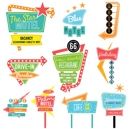 vintage neon sign colorful collection,road trip