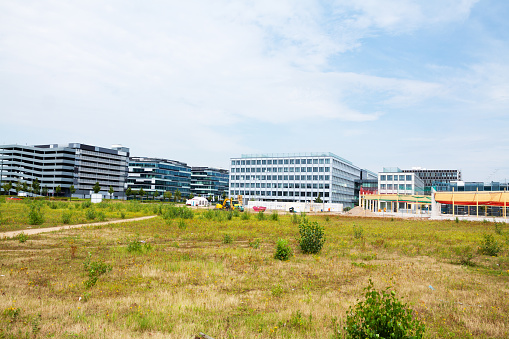 Modern offices close to airport Düsseldorf at summer day. Germany.