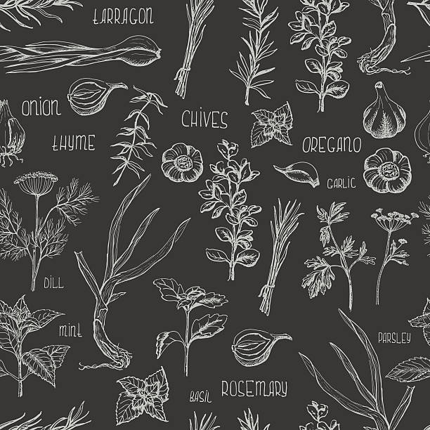 stockillustraties, clipart, cartoons en iconen met seamless pattern with herbs and spices on a dark background - bieslook illustraties