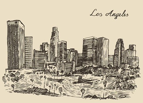 Los Angeles skyline California vintage engraved illustration hand drawn sketch