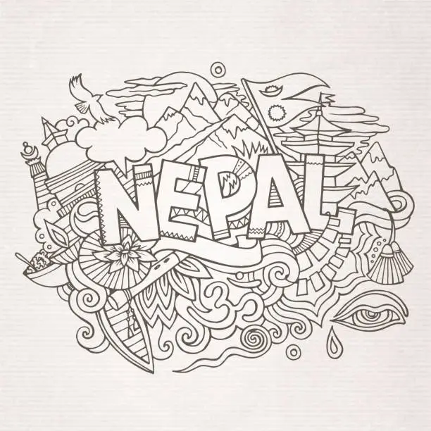 Vector illustration of Nepal country hand lettering and doodles elements