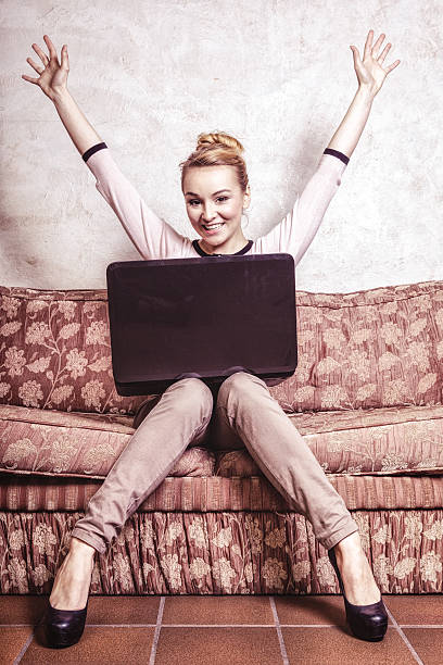 istock Business woman using computer. Internet home technology. Vintage photo. 481546533