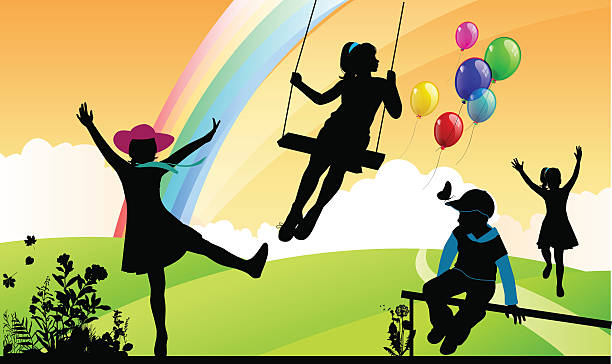ilustraciones, imágenes clip art, dibujos animados e iconos de stock de niñez - swing child silhouette swinging