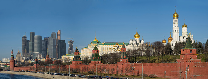 Moscow Kremlin: view of the Cathedral of the Archangel, a Russian Orthodox church dedicated to the Archangel Michael, and the Ivan the Great Bell Tower, the tallest tower of the complex