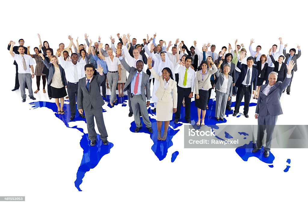 Extreemely diverso grupo de gente de negocios celebrando Internacional - Foto de stock de Mapa mundial libre de derechos