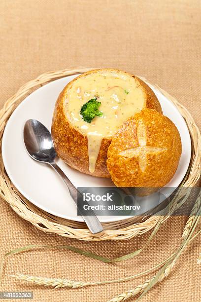 Broccoli And Cheese Soup Stock Photo - Download Image Now - Soup, Sourdough Bread, 7-Grain Bread