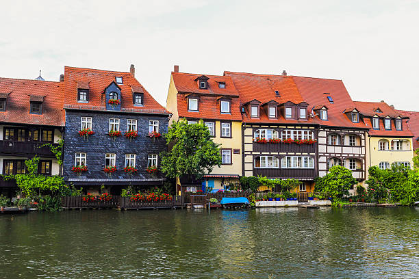 Bamberg Little Venice District in Summer. Lovely historical houses at the rhiver Regnitz with blue. Hot summer evening