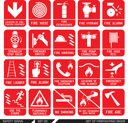 Set of firefighting signs. Collection of warning signs. Vector illustration. Signs of danger. Signs of alerts. Fire icons.