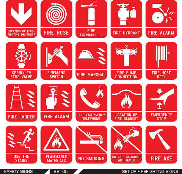 Set of safety signs. Firefighting icons. Set of firefighting signs. Collection of warning signs. Vector illustration. Signs of danger. Signs of alerts. Fire icons. fire hydrant stock illustrations