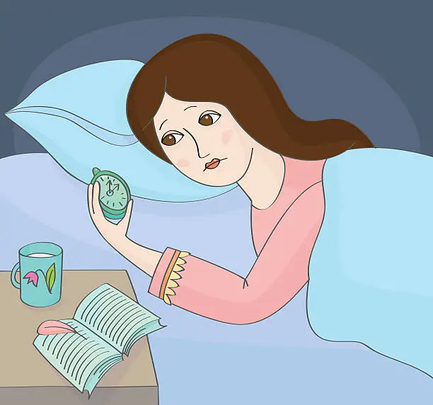 Vector illustration of Insomnia. Woman can not sleep.