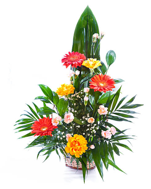 istock Bright flower bouquet in basket isolated over white background 481558239