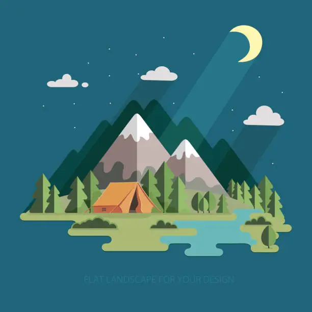 Vector illustration of night landscape in the mountains. Hiking and camping. flat illustration