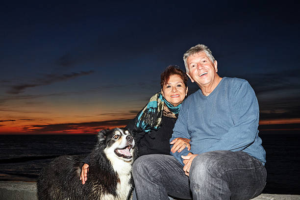 istock Mature smiling couple and dog at sunset 481558856