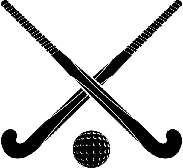 illustrations, cliparts, dessins animés et icônes de deux silhouettes noires bâtons de hockey sur gazon et du ballon - hockey sur patins