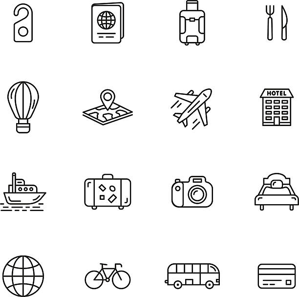 Travel Icons Travel, journey and hotel thin line icons cruise ship cruise passport map stock illustrations