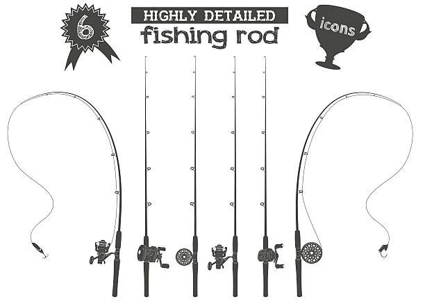 illustrazioni stock, clip art, cartoni animati e icone di tendenza di canna da pesca icone - freshwater fishing