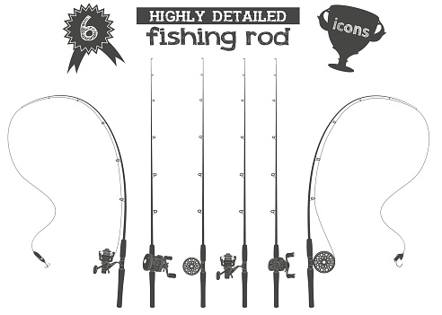 Six highly detailed fishing rod icons with reels and two baits 