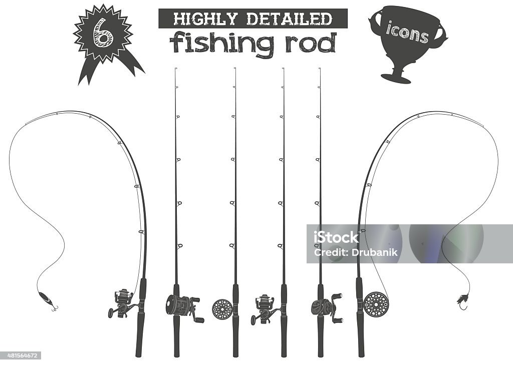 fishing rod icons Six highly detailed fishing rod icons with reels and two baits  Fishing Rod stock vector