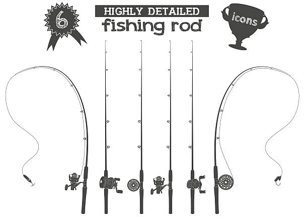 fishing rod icons Six highly detailed fishing rod icons with reels and two baits  fishing rod stock illustrations
