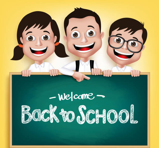 3D Realistic Children Student Boys and Girls Happ Holding Blackboard 3D Realistic Children Student Boys and Girls Happy Smiling Holding a Blackboard With Back to School Text Written in Yellow Background. Vector Illustration happ stock illustrations