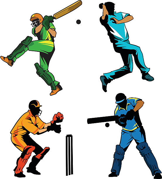 illustrazioni stock, clip art, cartoni animati e icone di tendenza di sport gioco di cricket-giocatori giocare - battitore del cricket