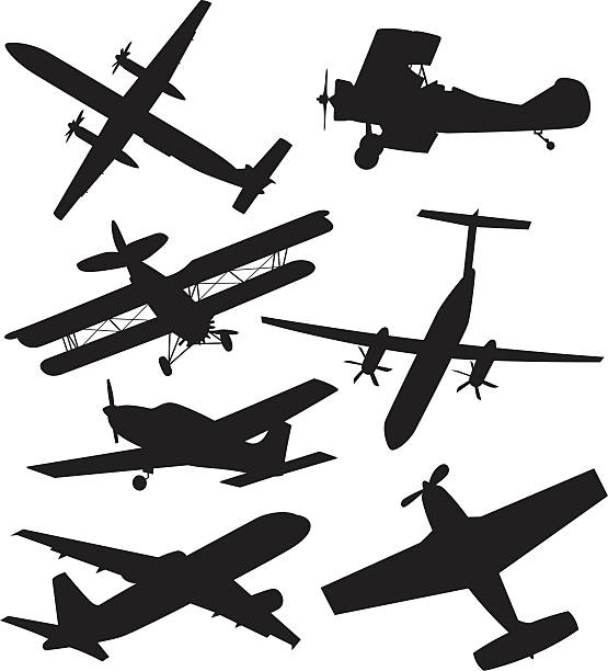 flugzeug-silhouetten - propellerflugzeug stock-grafiken, -clipart, -cartoons und -symbole