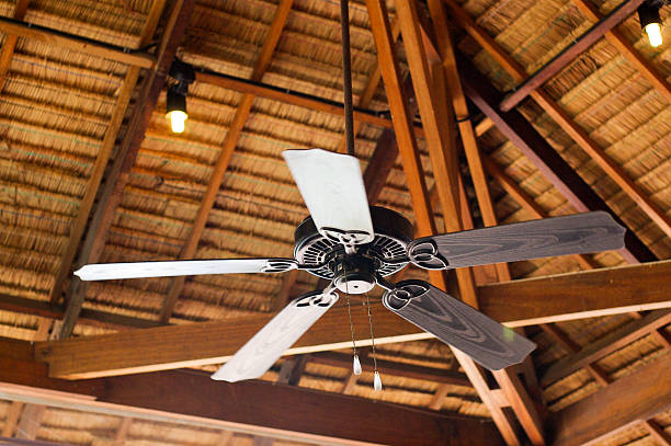 istock Vintage fan on wood ceiling 481568855