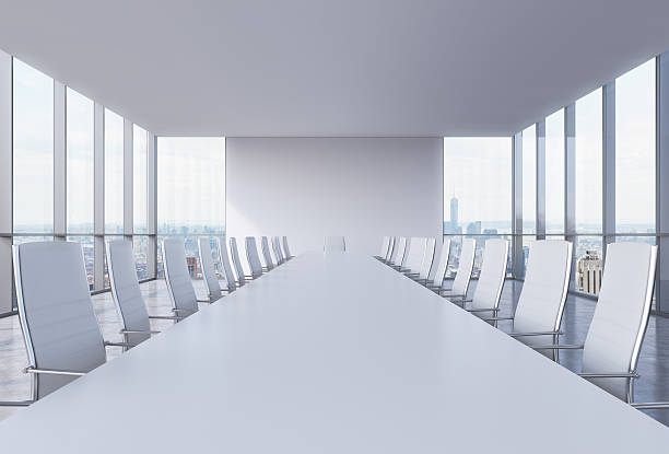 Panoramic conference room in modern office in New York City Panoramic conference room in modern office in New York City. White chairs and a white table. 3D rendering. late modern period stock pictures, royalty-free photos & images