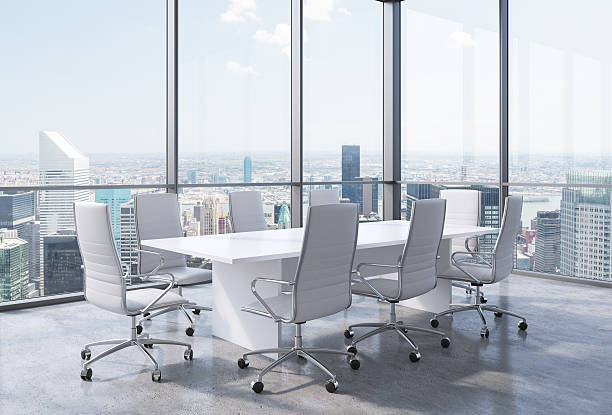 conference room in modern office in New York City. Panoramic corner conference room in modern office in New York City. White chairs and a white table. 3D rendering. late modern period stock pictures, royalty-free photos & images