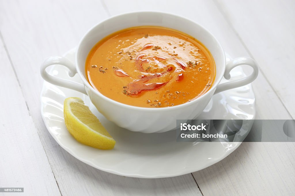 red lentil soup, turkish cuisine red lentil soup, mercimek corbasi, turkish cuisine Middle Eastern Culture Stock Photo