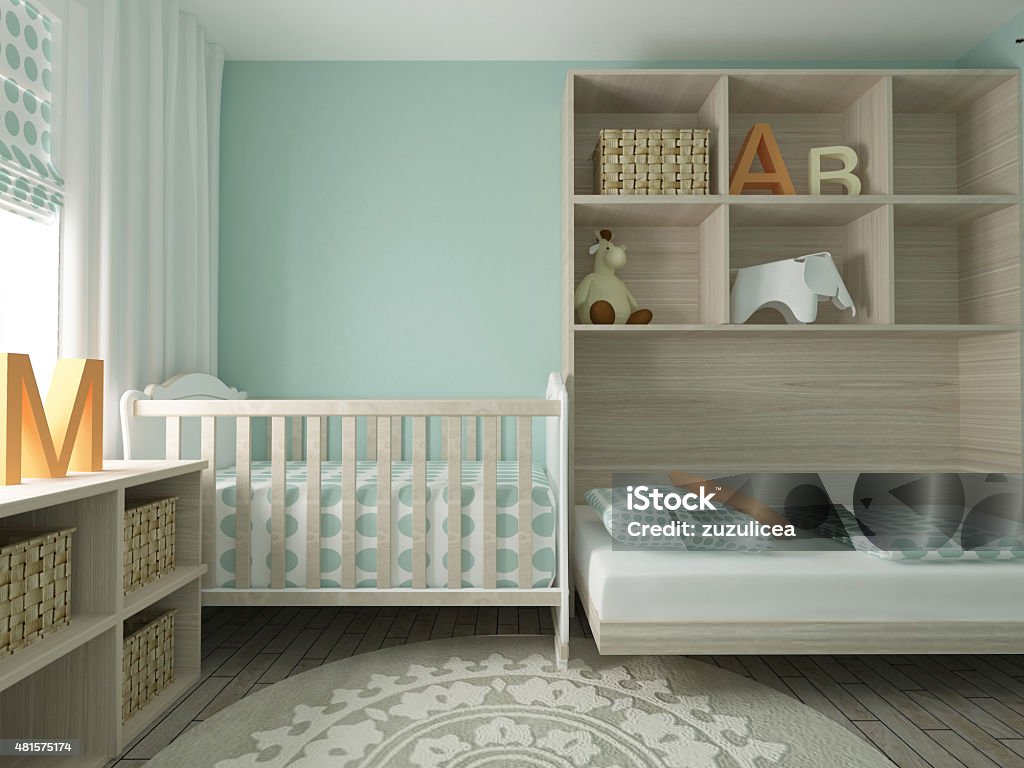 Nursery interior a colorful boy nursery interior, 3d render Bedroom Stock Photo