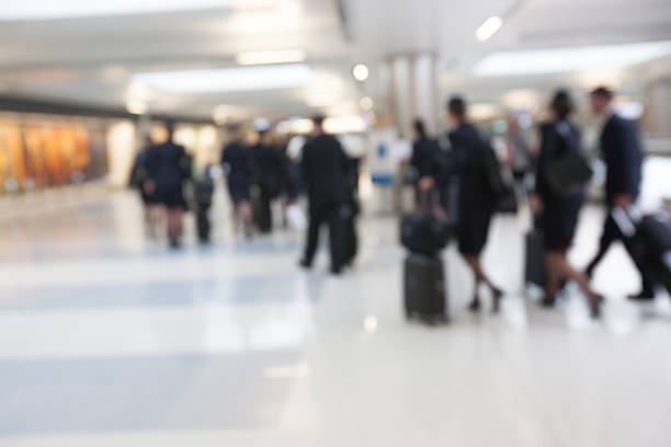 istock Flight crew in navy blue uniform walking through the airport 481575356