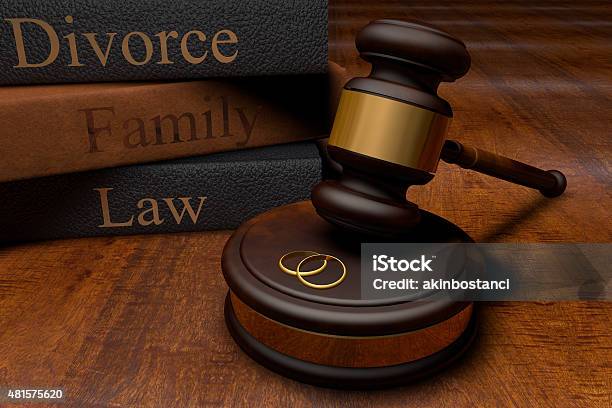 Gavel Divorce Law Books And Wedding Rings Stock Photo - Download Image Now - Family Law, Divorce, Law