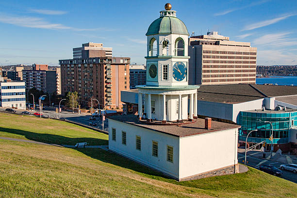 View of the historic town clock, located on Citadel Hill above downtown Halifax, Nova Scotia.  The structure is a reproduction but still contains the original clock, which has been operating since 1803. It is on the eastern glacis of the Halifax Citadel, above Brunswick Street.