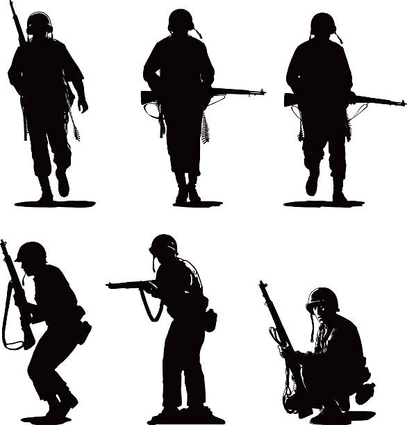 ilustrações, clipart, desenhos animados e ícones de silhuetas de exército dos eua contra soldados - sniper rifle army soldier aiming