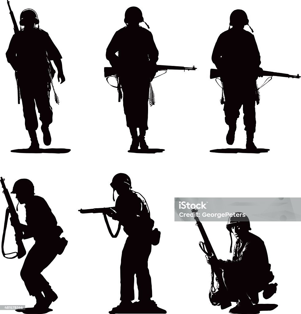 Silhouettes of USA Army Combat Soldiers Set of Six Silhouettes of USA Army Combat Soldiers. Isolated on white. Army Soldier stock vector